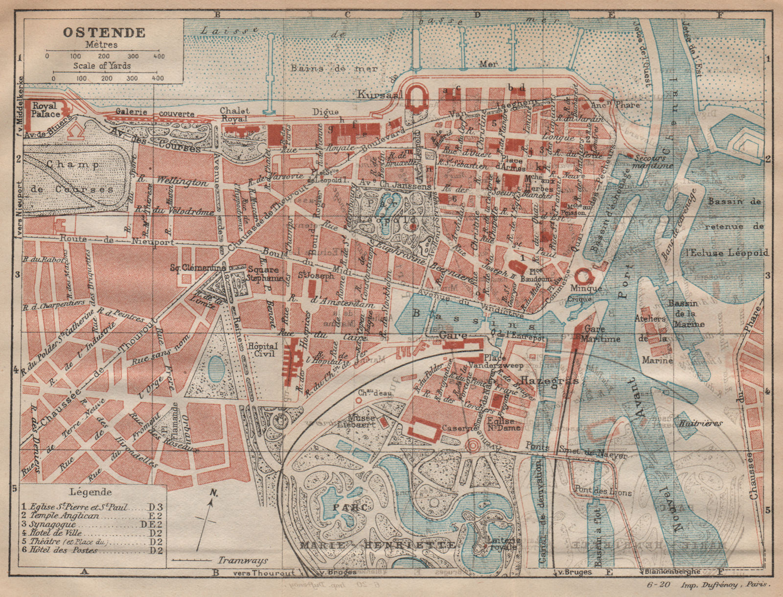 OSTENDE. Vintage town city map plan. Belgium 1920 old antique chart